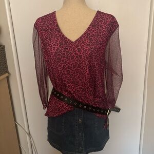 Pink leopard print mesh long sleeve top